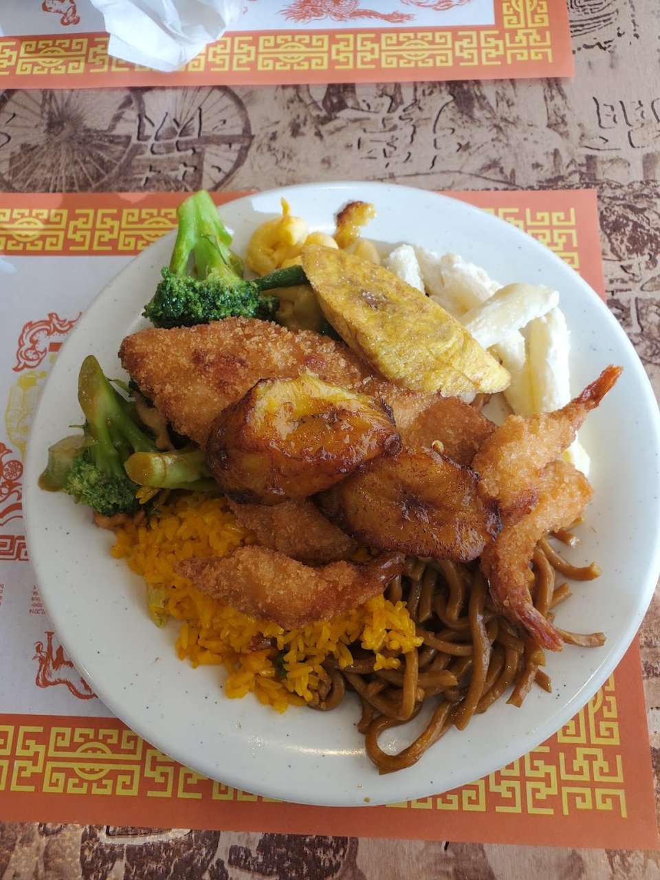 Breaded Shrimp Lo Mein Broccoli Tostones